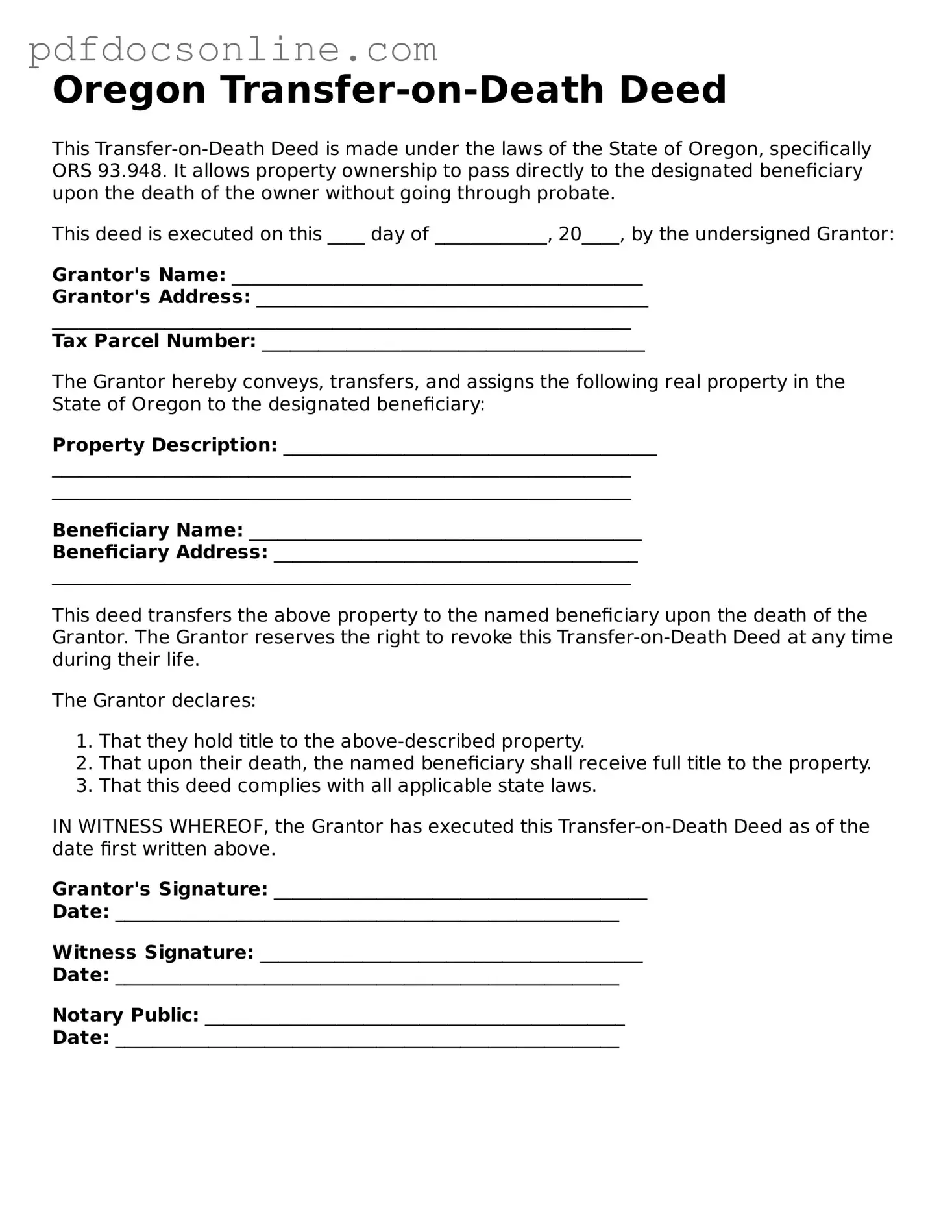 Attorney-Verified  Transfer-on-Death Deed Form for Oregon