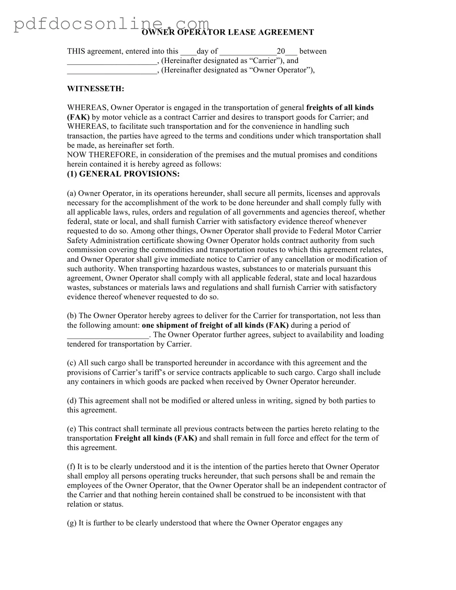 Fillable Owner Operator Lease Agreement Form