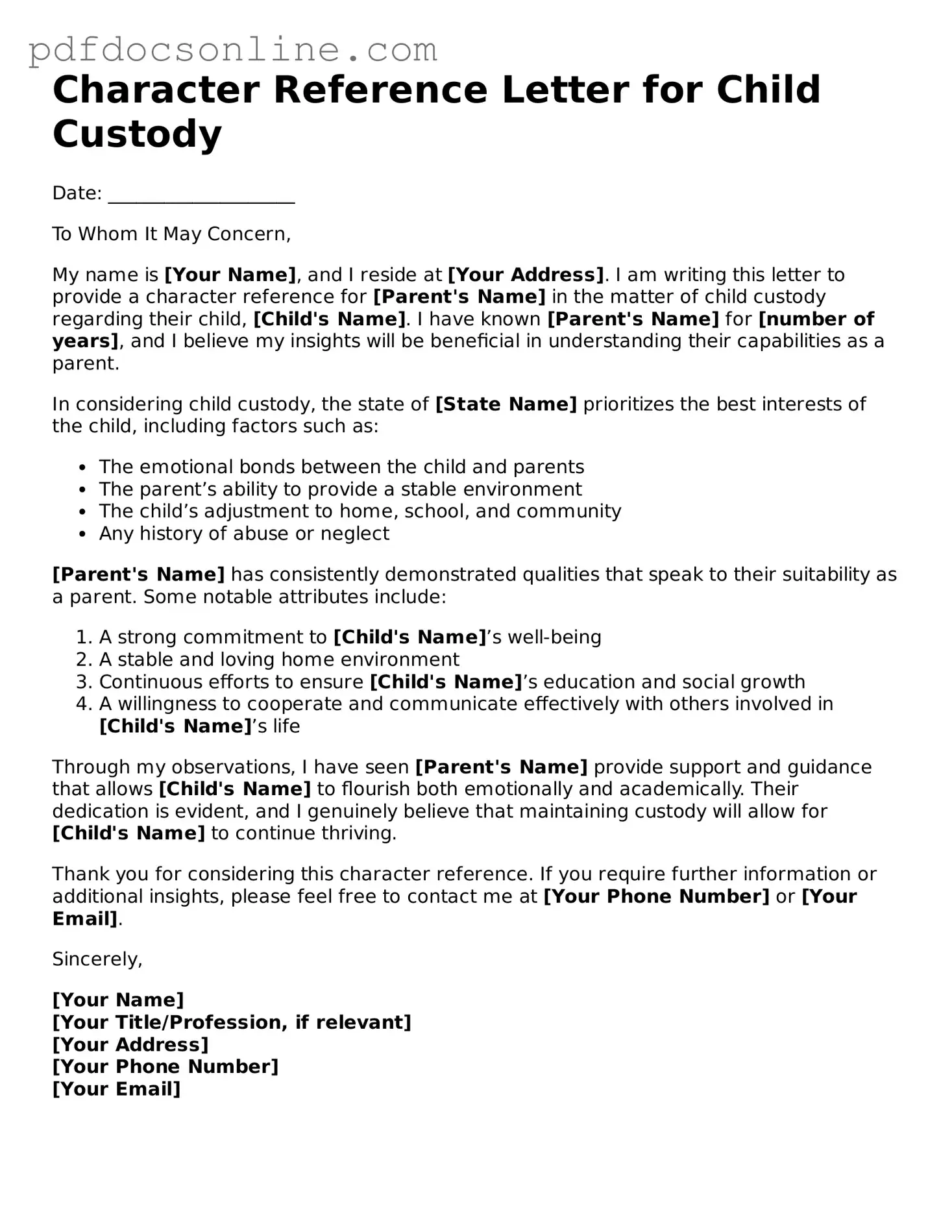 Free Character Reference Letter for Child Custody Template