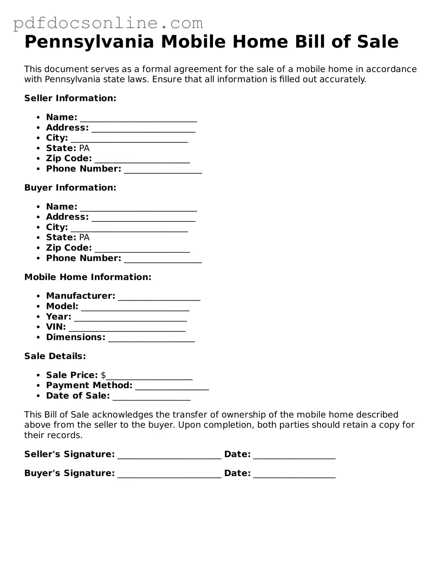 Attorney-Verified  Mobile Home Bill of Sale Form for Pennsylvania