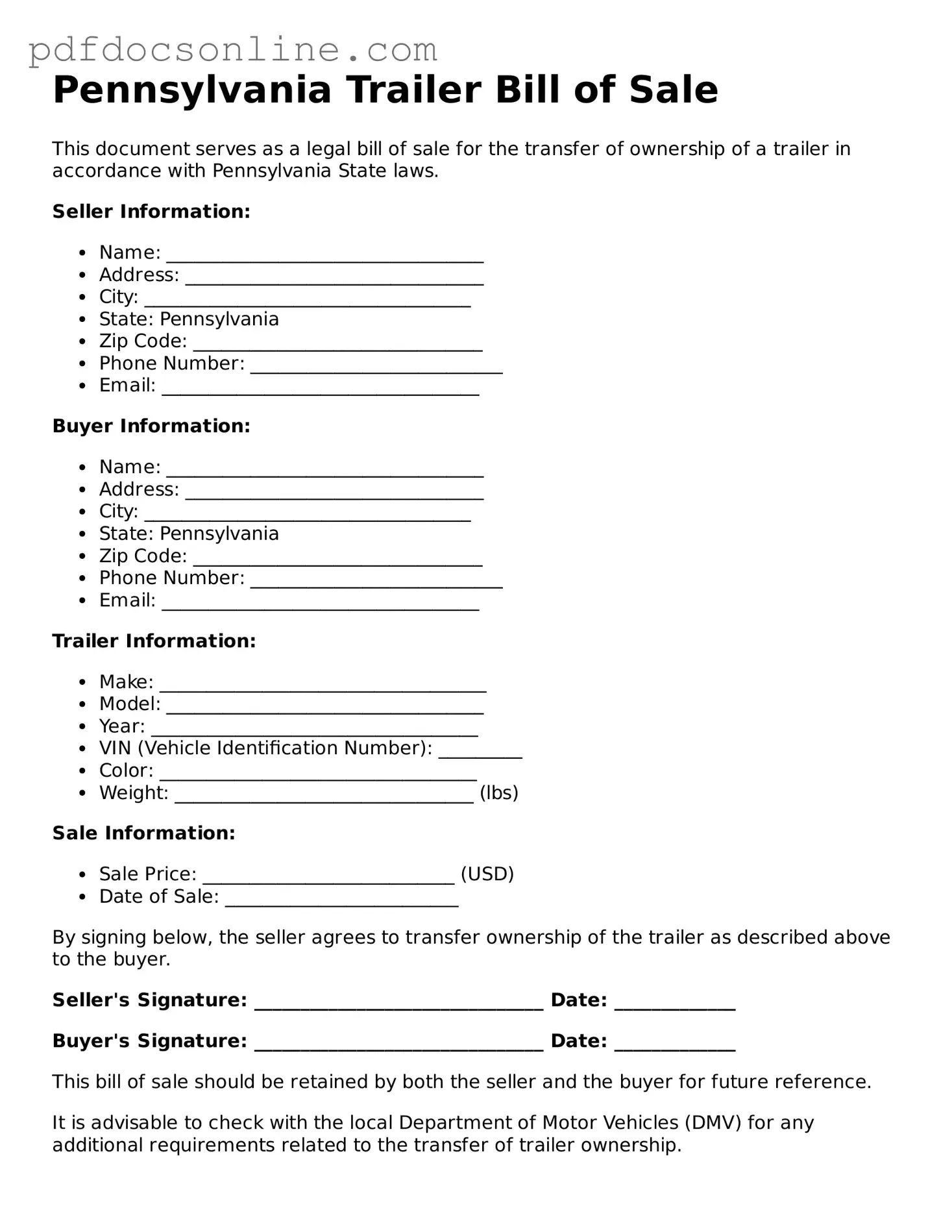Attorney-Verified  Trailer Bill of Sale Form for Pennsylvania