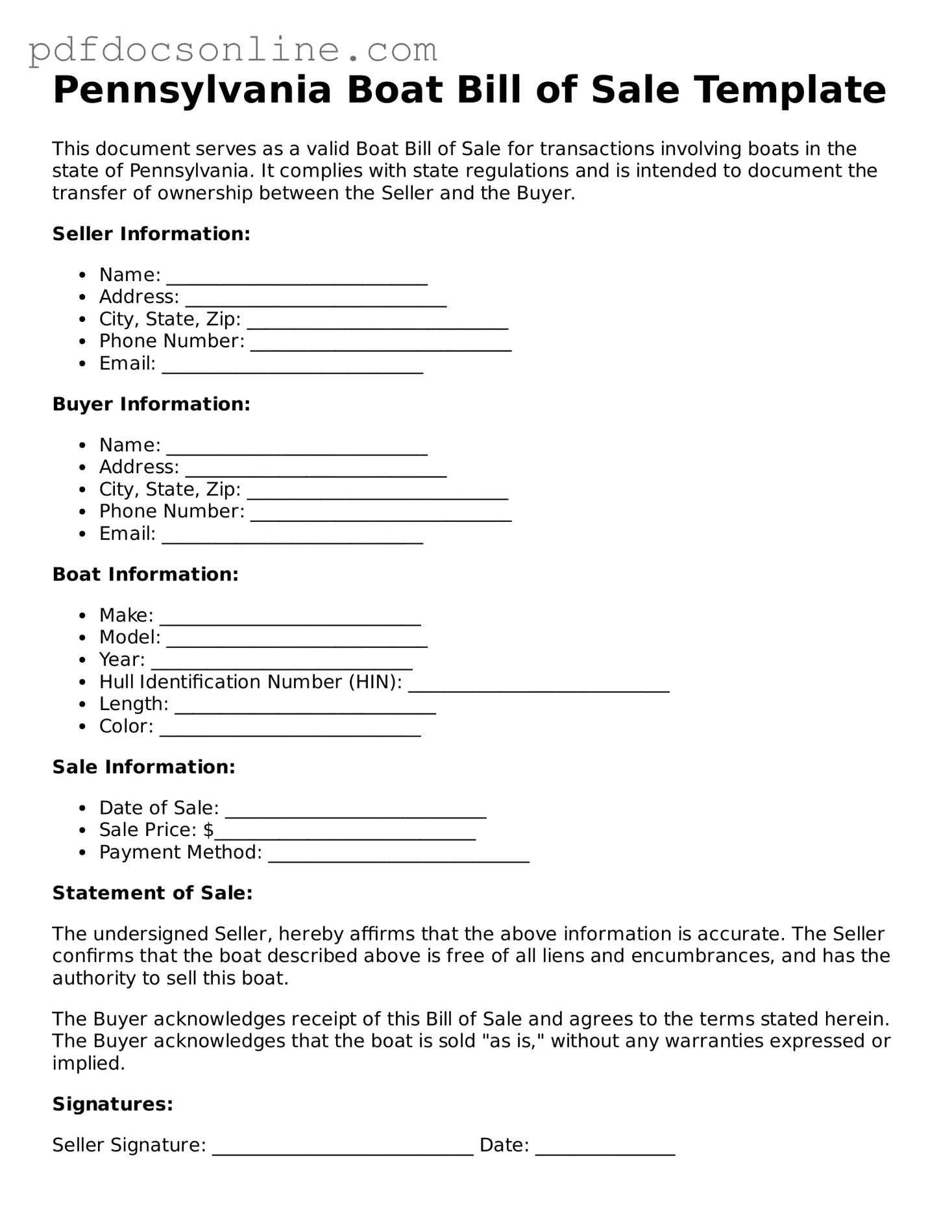 Attorney-Verified  Boat Bill of Sale Form for Pennsylvania