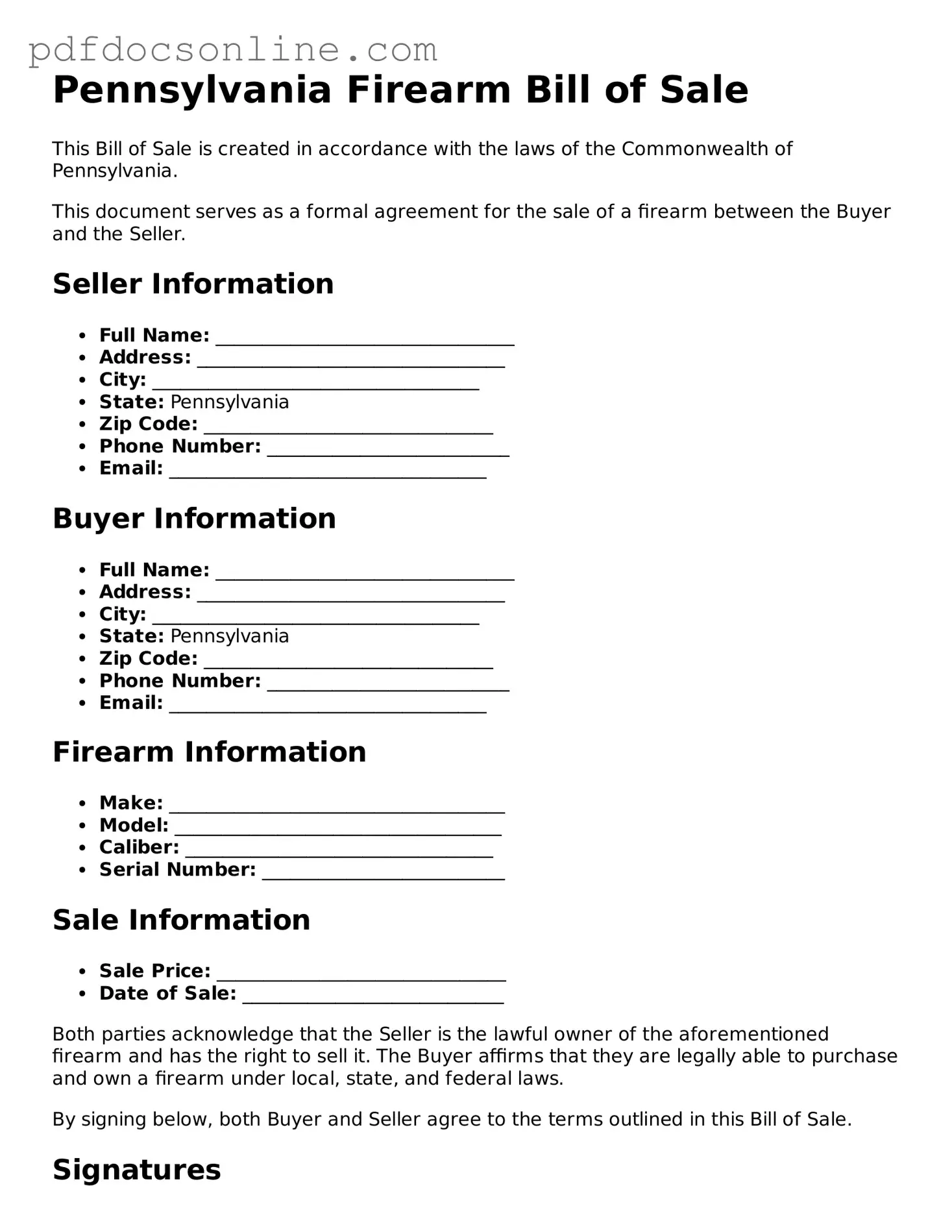 Attorney-Verified  Firearm Bill of Sale Form for Pennsylvania