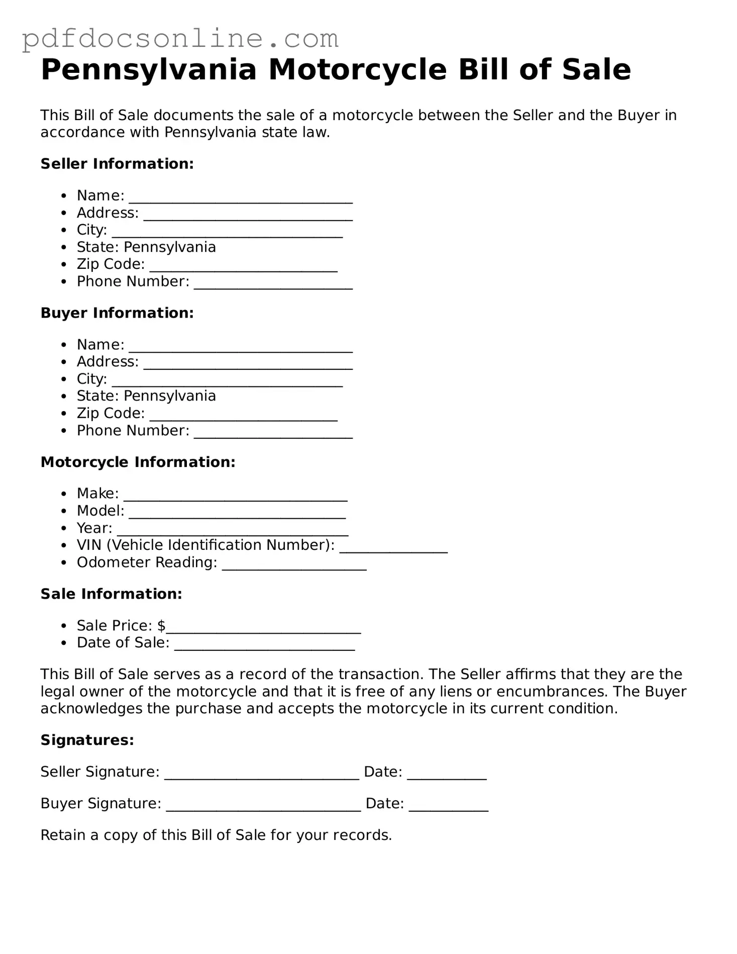Attorney-Verified  Motorcycle Bill of Sale Form for Pennsylvania