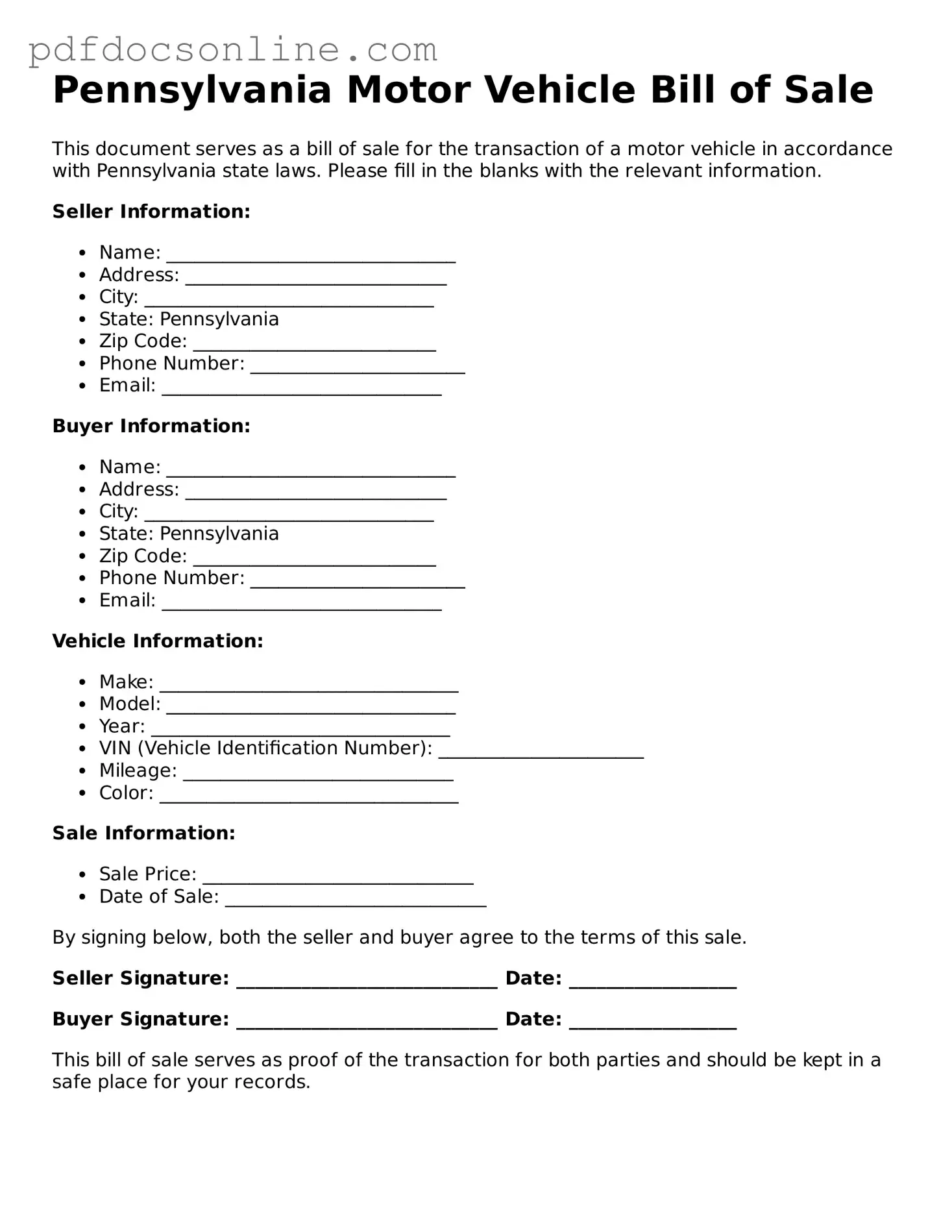 Attorney-Verified  Motor Vehicle Bill of Sale Form for Pennsylvania
