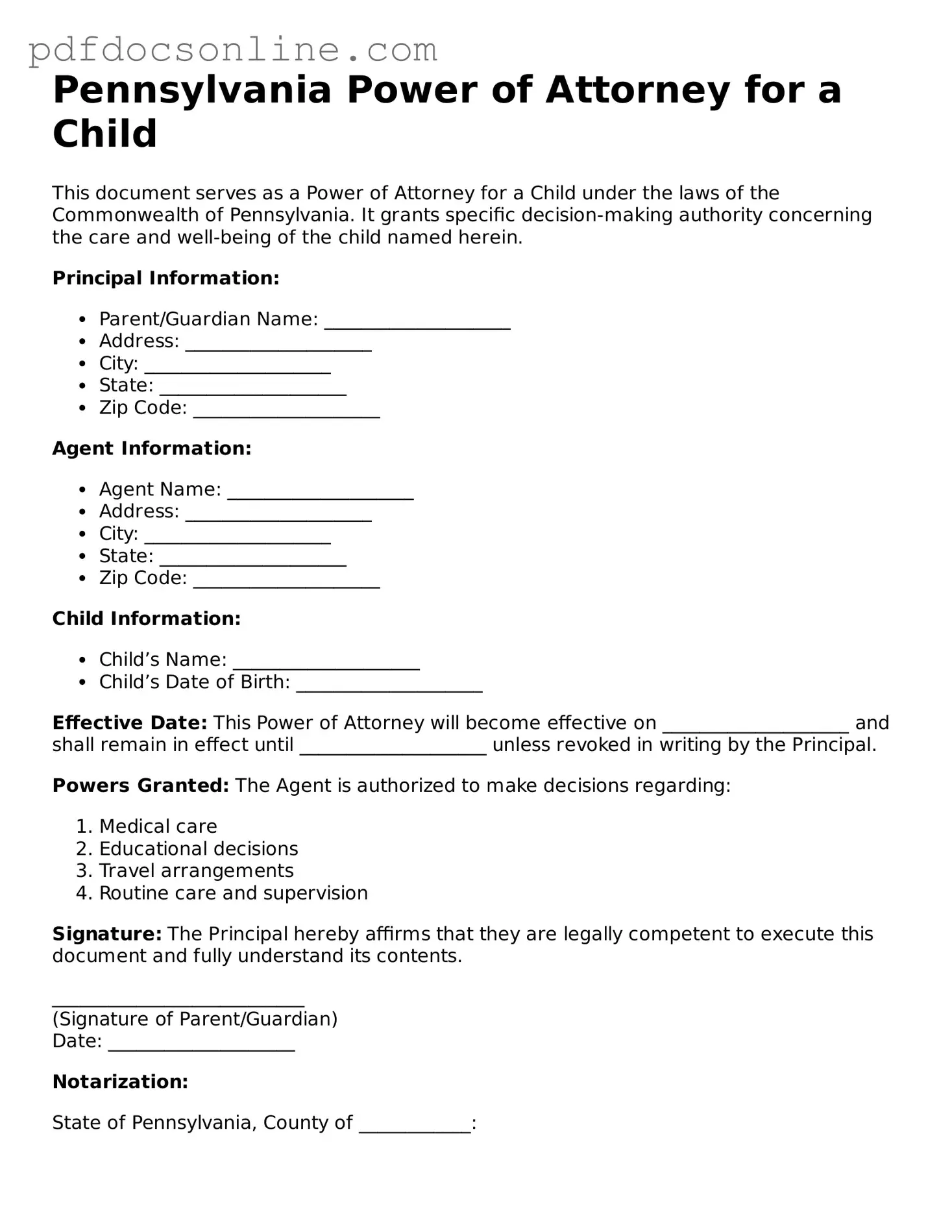 Attorney-Verified  Power of Attorney for a Child Form for Pennsylvania
