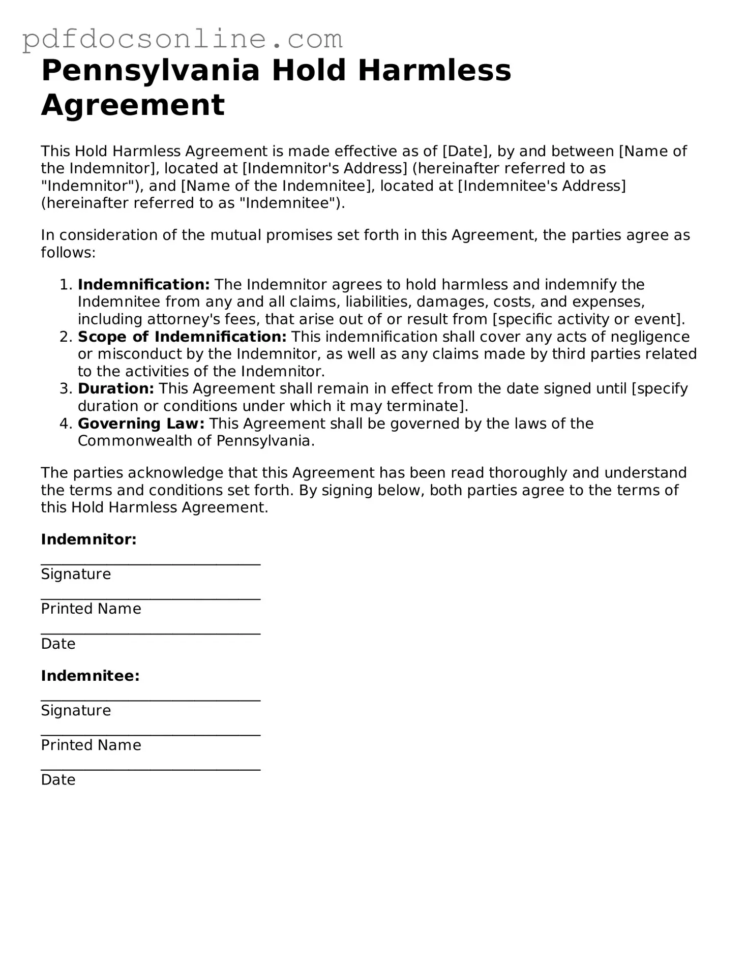 Attorney-Verified  Hold Harmless Agreement Form for Pennsylvania