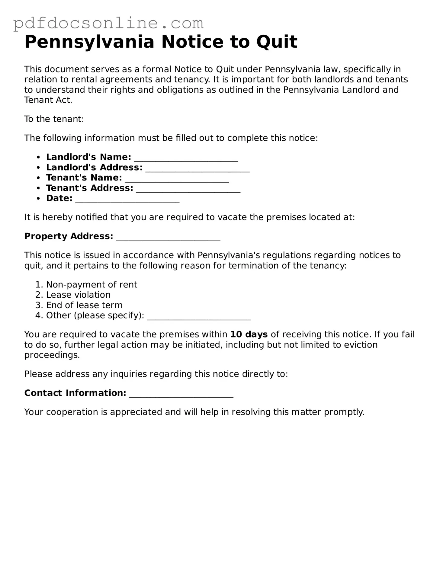 Attorney-Verified  Notice to Quit Form for Pennsylvania
