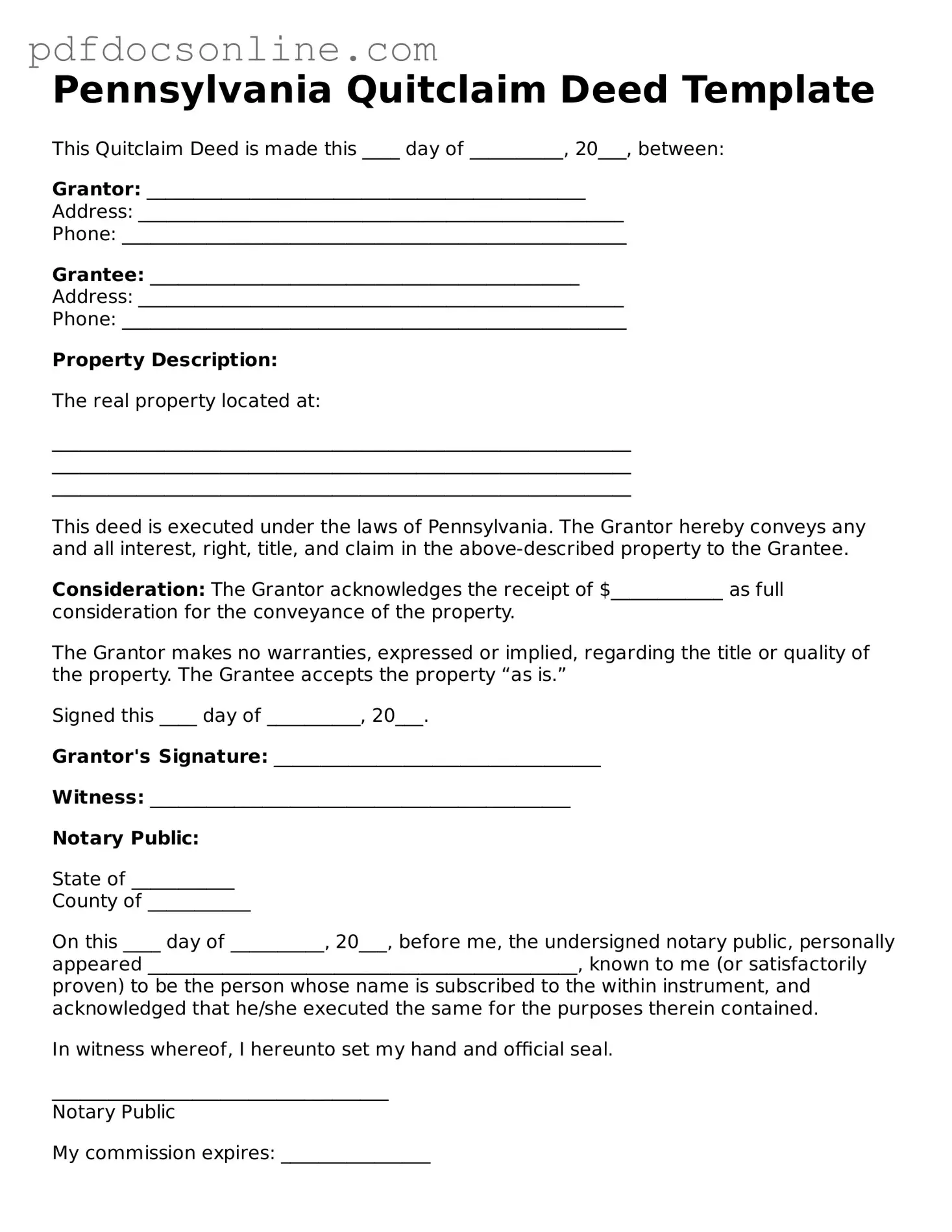 Attorney-Verified  Quitclaim Deed Form for Pennsylvania