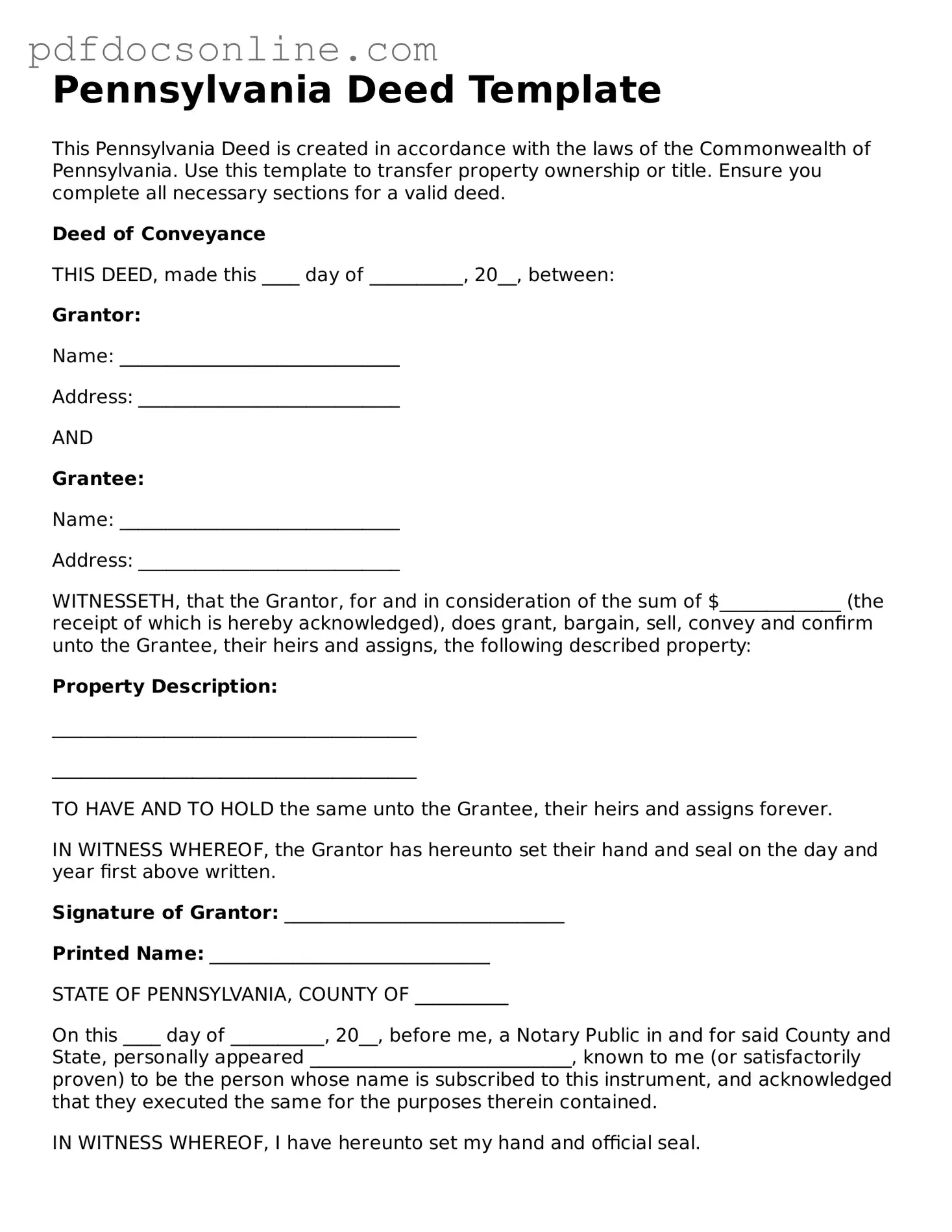 Attorney-Verified  Deed Form for Pennsylvania