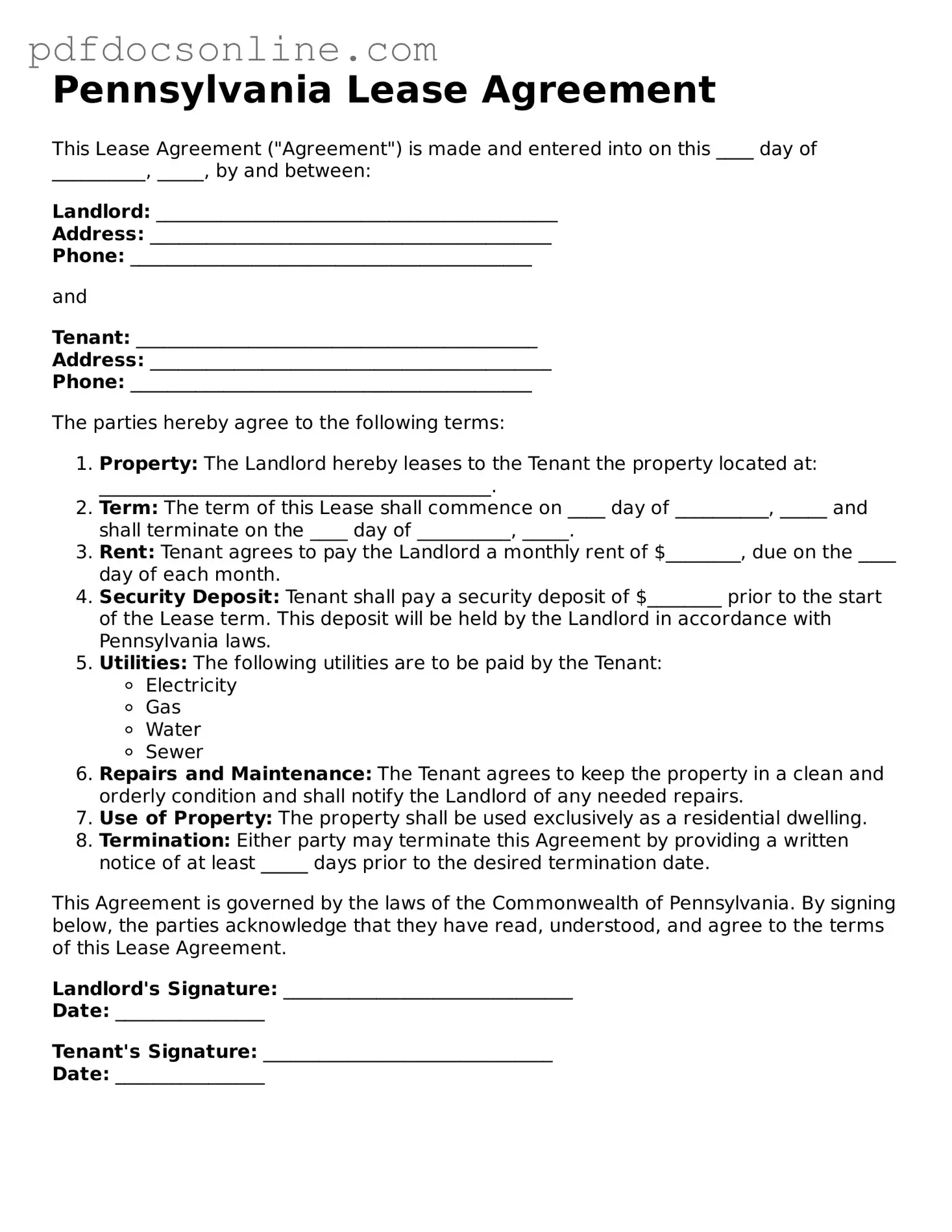 Attorney-Verified  Lease Agreement Form for Pennsylvania