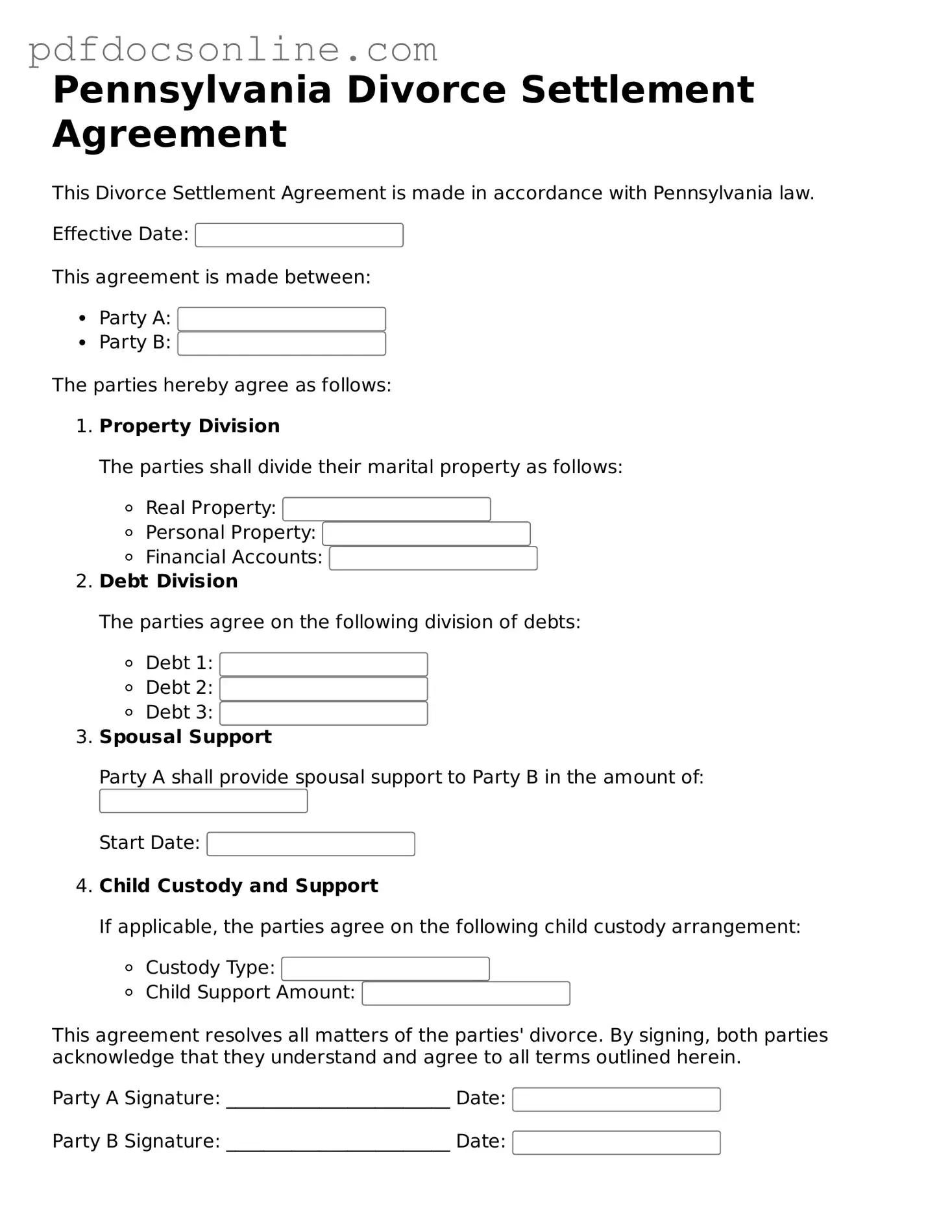 Attorney-Verified  Divorce Settlement Agreement Form for Pennsylvania