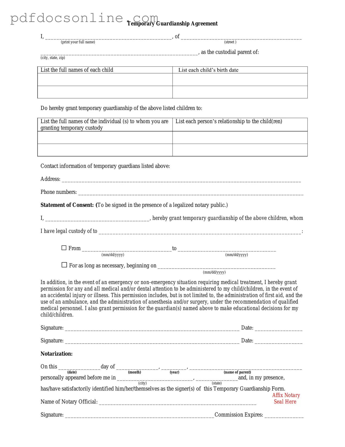 Fillable Temporary Custody Form