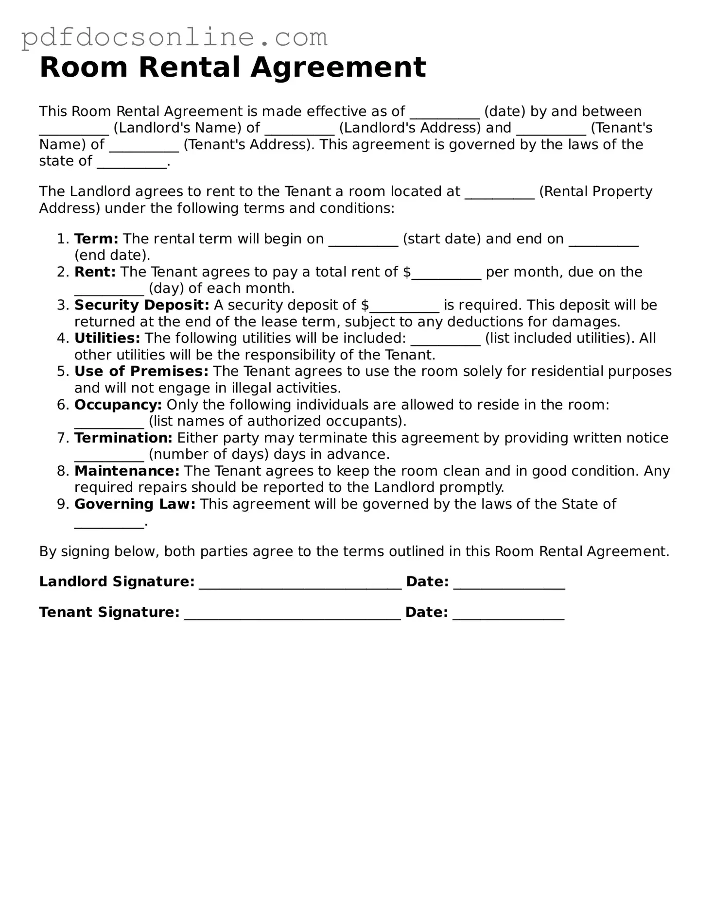 Free Room Rental Agreement Template