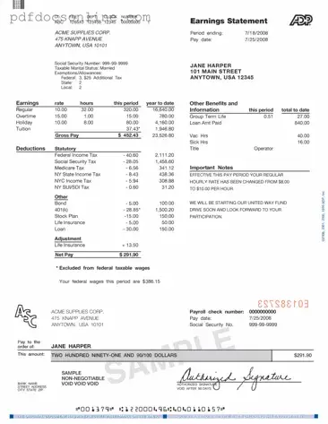 Fillable Adp Pay Stub Form