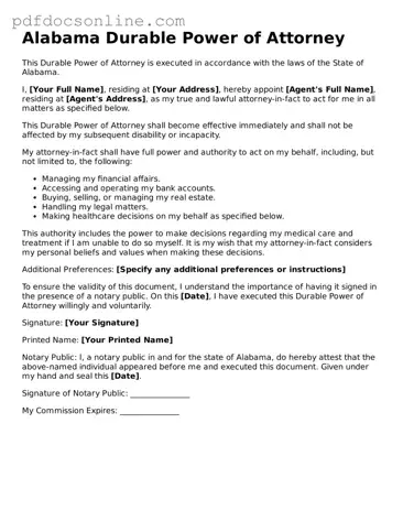 Attorney-Verified  Durable Power of Attorney Form for Alabama