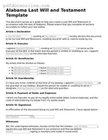 Attorney-Verified  Last Will and Testament Form for Alabama