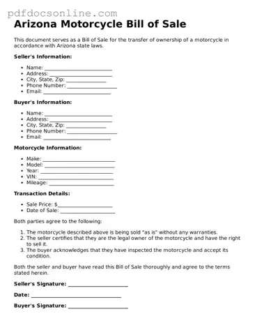 Attorney-Verified  Motorcycle Bill of Sale Form for Arizona