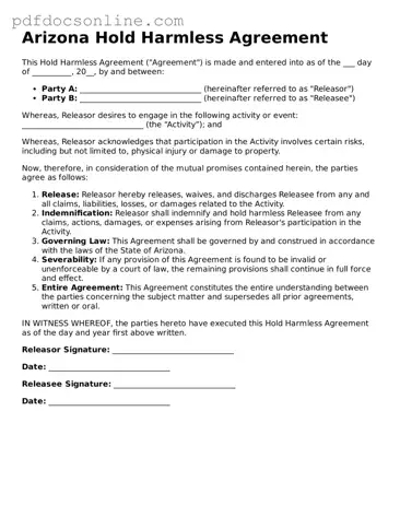 Attorney-Verified  Hold Harmless Agreement Form for Arizona