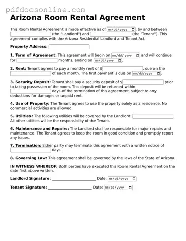 Attorney-Verified  Room Rental Agreement Form for Arizona