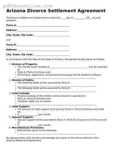 Attorney-Verified  Divorce Settlement Agreement Form for Arizona