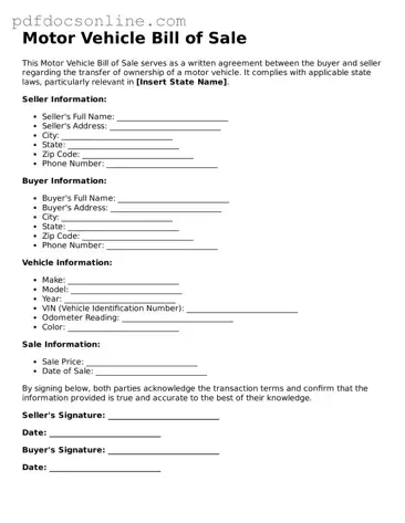 Free Motor Vehicle Bill of Sale Template
