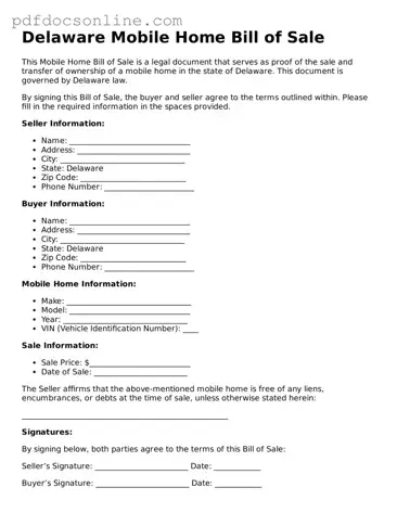 Attorney-Verified  Mobile Home Bill of Sale Form for Delaware
