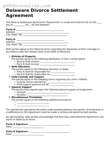 Attorney-Verified  Divorce Settlement Agreement Form for Delaware