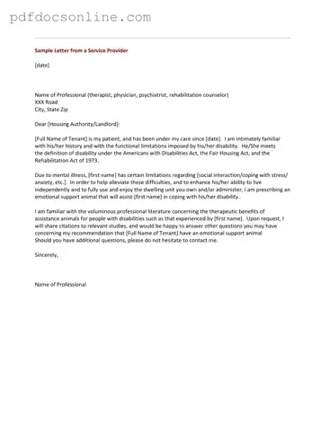 Fillable Emotional Support Animal Letter Form