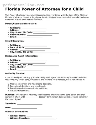 Attorney-Verified  Power of Attorney for a Child Form for Florida