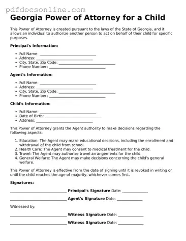 Attorney-Verified  Power of Attorney for a Child Form for Georgia