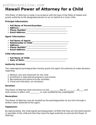 Attorney-Verified  Power of Attorney for a Child Form for Hawaii