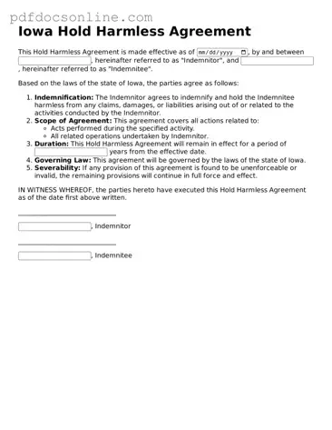 Attorney-Verified  Hold Harmless Agreement Form for Iowa