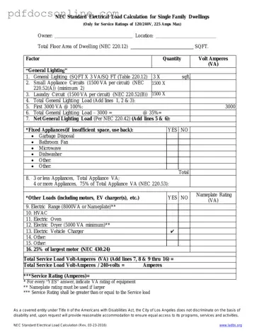 Fillable LADBS NEC Standard Electrical Load Calculation Form