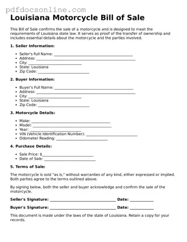 Attorney-Verified  Motorcycle Bill of Sale Form for Louisiana