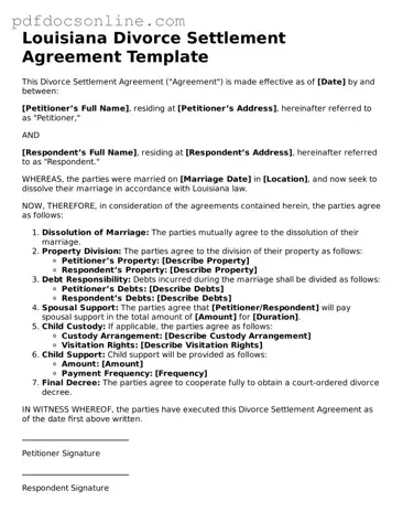 Attorney-Verified  Divorce Settlement Agreement Form for Louisiana