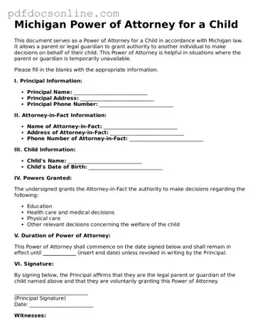 Attorney-Verified  Power of Attorney for a Child Form for Michigan
