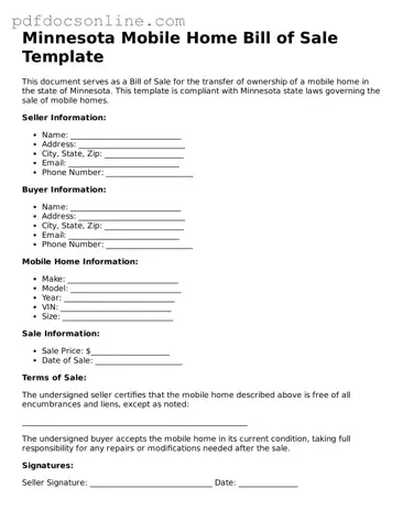 Attorney-Verified  Mobile Home Bill of Sale Form for Minnesota