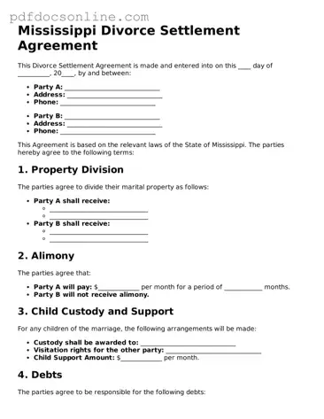 Attorney-Verified  Divorce Settlement Agreement Form for Mississippi
