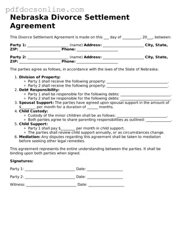 Attorney-Verified  Divorce Settlement Agreement Form for Nebraska