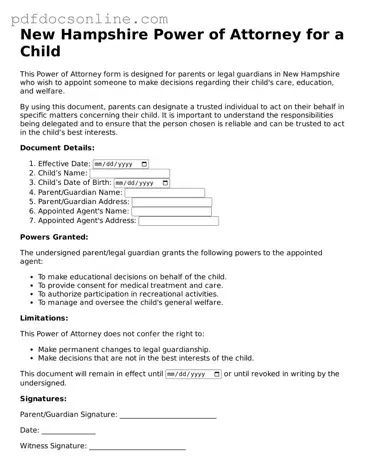 Attorney-Verified  Power of Attorney for a Child Form for New Hampshire