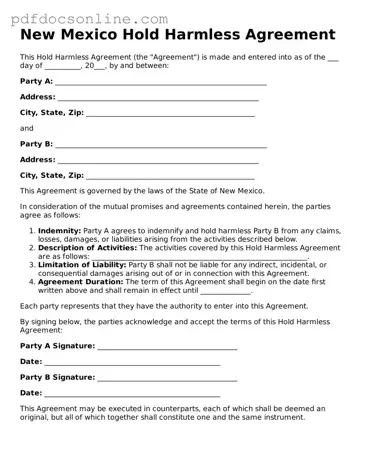 Attorney-Verified  Hold Harmless Agreement Form for New Mexico