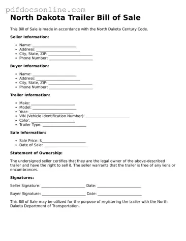 Attorney-Verified  Trailer Bill of Sale Form for North Dakota
