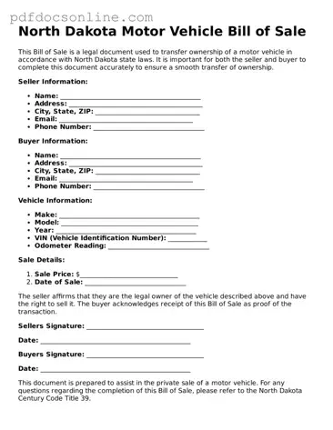 Attorney-Verified  Motor Vehicle Bill of Sale Form for North Dakota