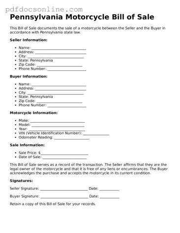 Attorney-Verified  Motorcycle Bill of Sale Form for Pennsylvania