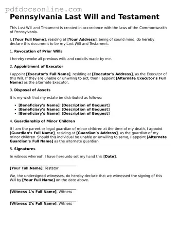 Attorney-Verified  Last Will and Testament Form for Pennsylvania