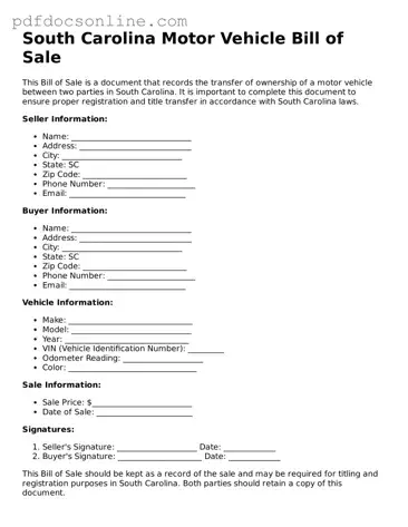Attorney-Verified  Motor Vehicle Bill of Sale Form for South Carolina