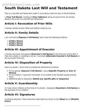 Attorney-Verified  Last Will and Testament Form for South Dakota