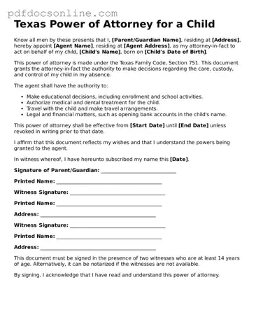 Attorney-Verified  Power of Attorney for a Child Form for Texas