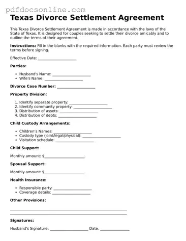 Attorney-Verified  Divorce Settlement Agreement Form for Texas